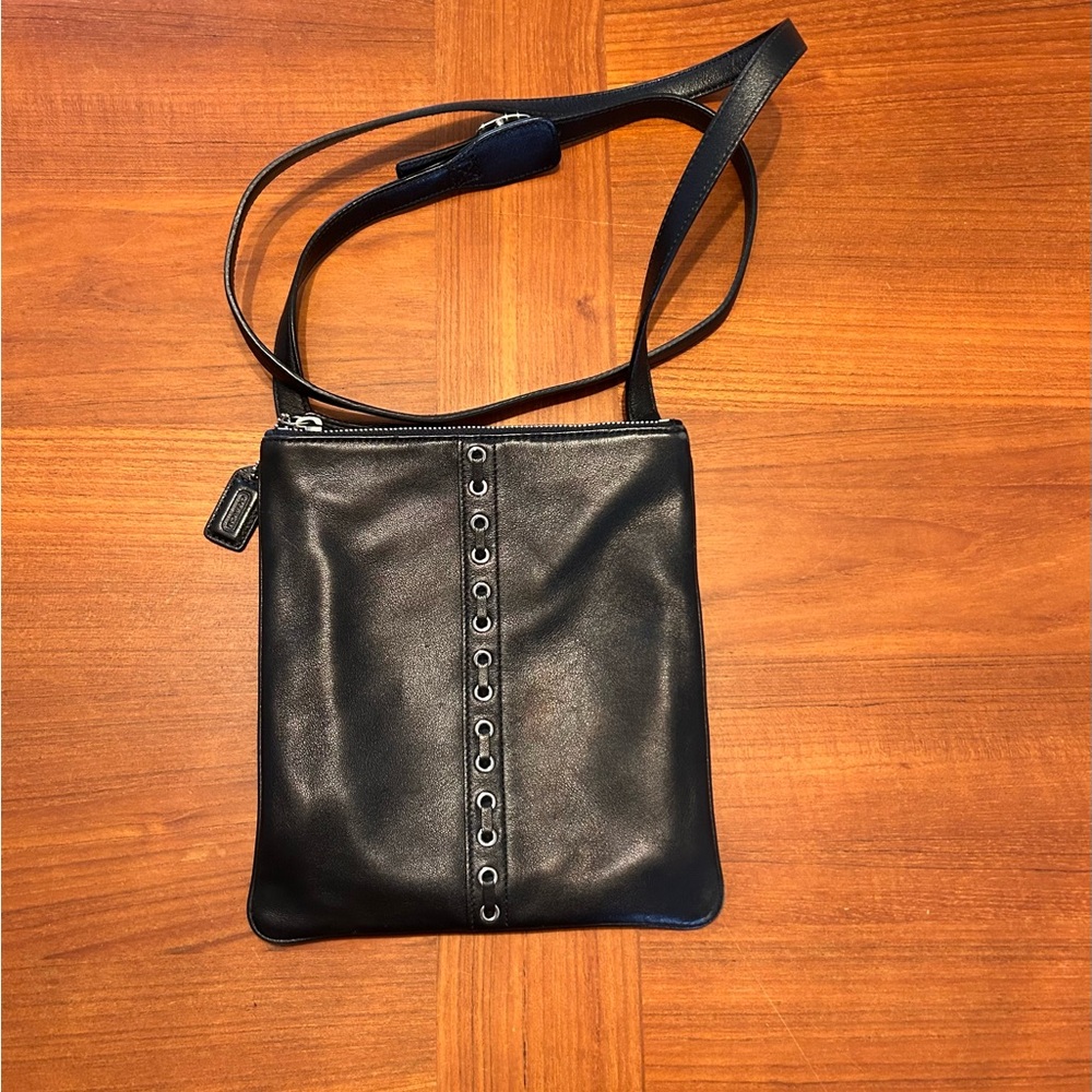 Coach Black Leather Crossbody with Silver Eyelets